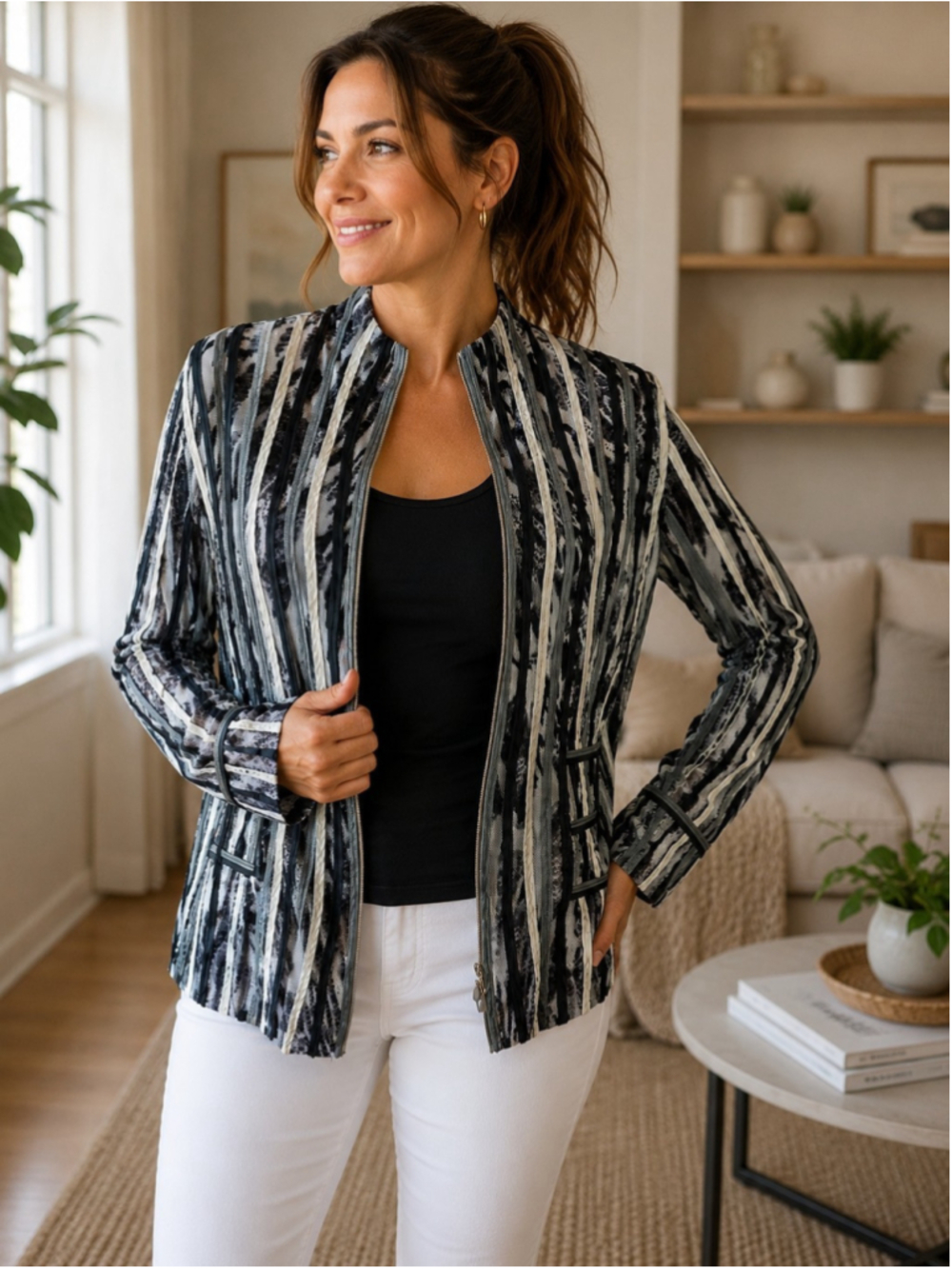 Obstinee by IKO Mesh Zip Front Animal Print Jacket Black Gray White Size 12